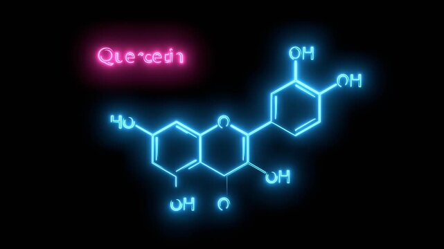 Quercetin or Vitamin P. Plant Flavonol from the Flavonoid Group of Polyphenols. Structural Chemical Formula. Neon glowing.