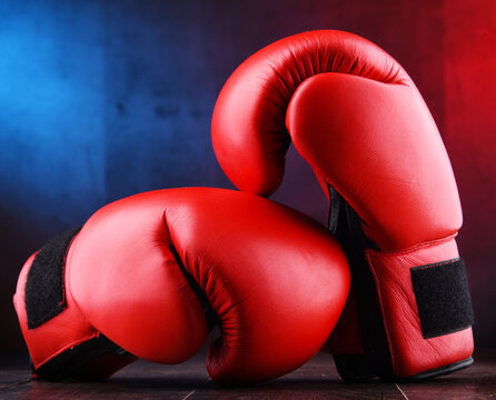 Pair of red leather boxing gloves