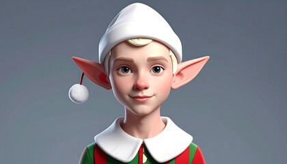 Portrait of a young, fair-skinned elf wearing a white cap, long ears, and a green and red outfit. He is smiling gently