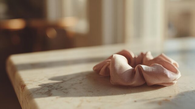 Close-up of a pink scrunchy hair tie on a white marble countertop. the hair tie is in the shape of a knot and appears to be made of a soft fabric.