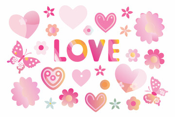 A collection of pink hearts flowers butterflies and the word love © Songita