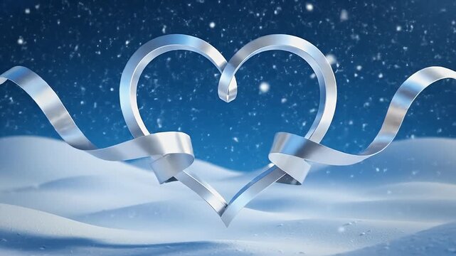 Romantic winter scene featuring a silver heart shape with ribbon accents over snow-covered landscape under a starry night sky perfect for Valentine s Day and holiday designs