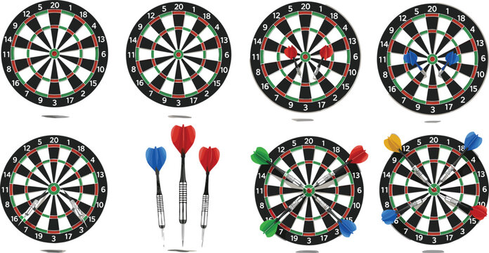 Dartboard and Darts Game Set with Different Score Positions and Colorful Arrows for Sports Competition, Bullseye Target Practice, and Recreation Design.