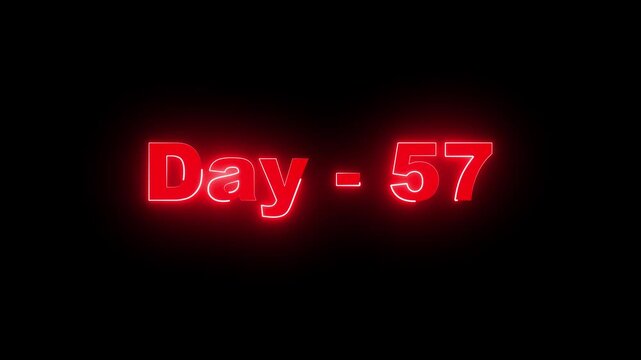 A vibrant red neon sign displaying the text Day 57 against a dark, pitch-black background, perfect for countdowns, progress tracking, or milestone achievement creative projects.