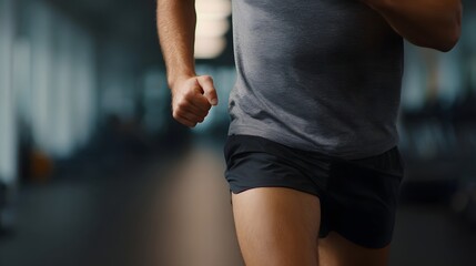 Fototapeta premium Close up of a fit man running intensely indoors in a gym showcasing athletic movement and dedication to fitness