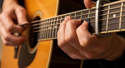 Fototapeta premium Acoustic Guitar Playing - Close-Up of Hands on Fretboard.
