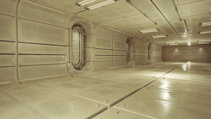 Abandoned cargo passage with dim lighting and dust lanes, rusted panels, scattered crates and tarp, moody shadows and echo, postuse atmosphere. © icetray