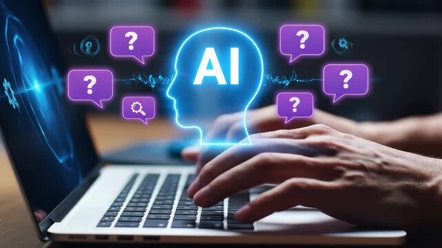 Person interacting with artificial intelligence on a laptop, featuring a glowing AI head and question marks, symbolizing human-computer interaction and problem-solving.