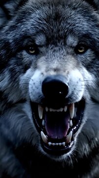 Fierce gray wolf snarling close up showing teeth