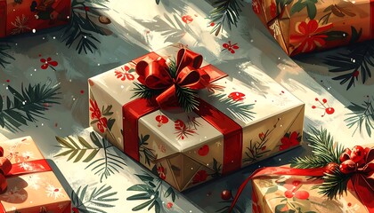Festive presents wrapped in colorful paper with bows and greenery. Snowflakes add a wintery feel to the close-up shot of gifts