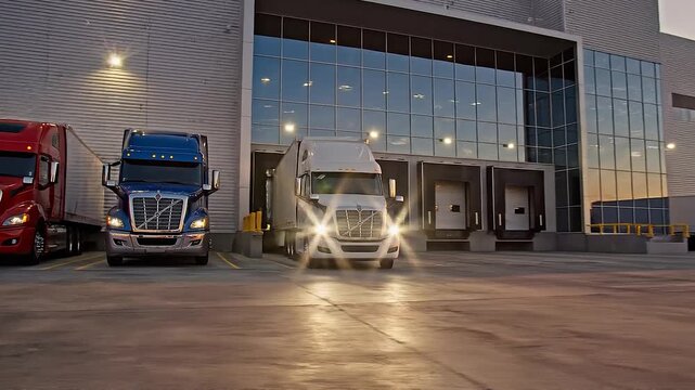 Semi trucks and tractor trailers are parked at a large modern logistics distribution center warehouse building with glass windows during a golden sunset while a white truck pulls out for delivery