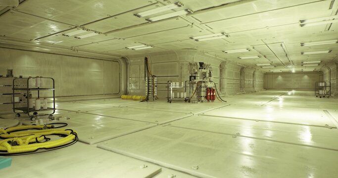 large cargo bay with stacked pallets, yellow decontamination mats and assorted supply containers, fluorescent ceiling panels cast sharp reflections on tiled