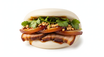 Soft steamed bun filled with braised pork belly and greens