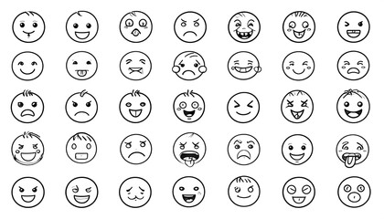 A collection of 35 diverse round-faced character emoticons, each depicting a different expression in a simple outline style