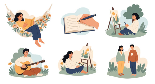 Diverse illustrations depicting people finding joy and relaxation through creative hobbies like reading, writing, painting, and playing music, embracing peaceful moments in nature