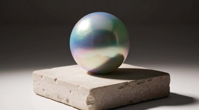 Iridescent Dichroic Glass Sphere on Stone Pedestal Abstract Minimalist 3D Concept for Luxury Branding and Tech Innovation