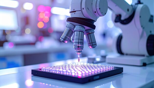 FlyPro Firefly Precision robotic arm performing automated cell counting on a bright, sterile microscope slide in a professional laboratory setting.