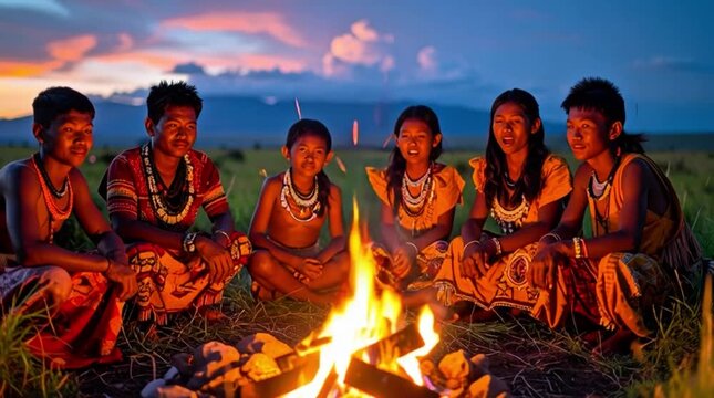 Indigenous family gathered around a campfire in expansive green savanna at dusk