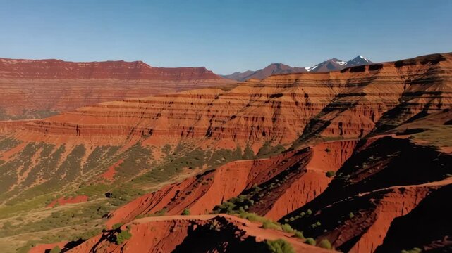 Aerial view of red rock canyon landscape with snowcapped mountains in the background reveals majestic beauty and rugged terrain
