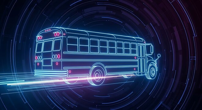 Futuristic School Bus - Neon Lines and Digital Speed.