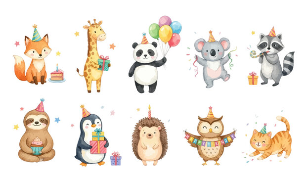 Birthday party watercolor vector clipart. Happy birthday set: cute watercolor animals, balloons & gifts. Fun Collection, Vector illustrations. Perfect for invitation, card, poster, banner, decoration