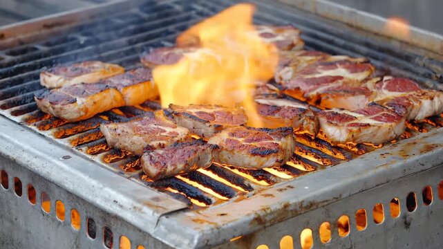 Steak Grilling on Barbecue with Flames Close-up Cinematic Motion