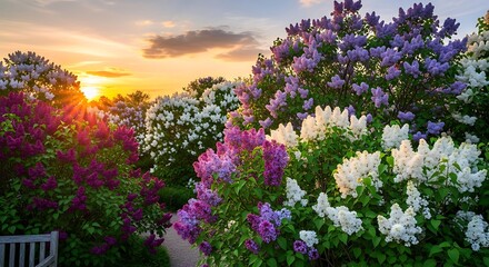 Obraz premium Blooming lilac bushes in a garden at sunset with sun rays.