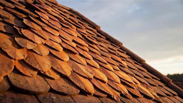 A close-up view captures the intricate patterns of a traditional clay tile roof under a slightly cloudy sky, evoking a sense of heritage and enduring craftsmanship.