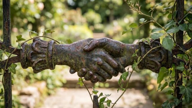A rustic gate depicts a handshake with a green garden behind.