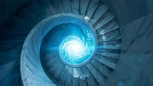 A mesmerizing spiral staircase leading into an ethereal luminous portal, invoking a sense of mystery and transcendence.