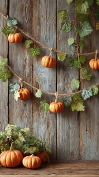 Autumn pumpkins and ivy garland on rustic wood background for seasonal decor. Autumn garland made from cut-out pumpkins and leaves strung with twine. fall decoration concept