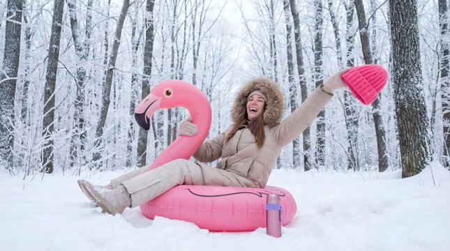 Mulher se divertindo com boia de flamingo na neve