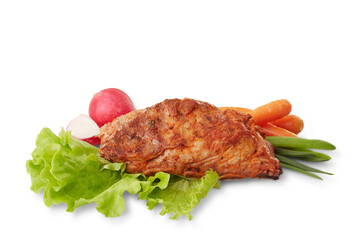 Roasted pork loin with fresh vegetables, transparent background