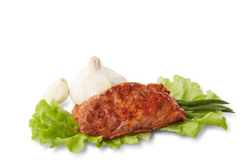 Roasted pork meat with garlic and fresh lettuce