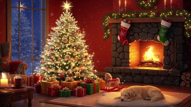 christmas tree with fireplace and christmas light 