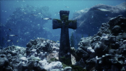 Deep beneath the waves, an ancient stone cross stands against a backdrop of colorful coral and swimming fish, creating a serene and mysterious underwater scene. © icetray