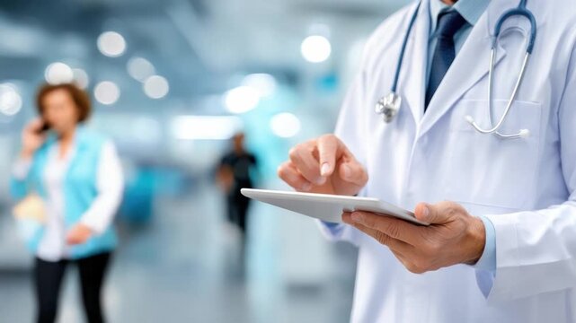 Health Professional in Examination: A doctor, hands-on, utilizes a digital tablet within a modern healthcare setting, symbolizing the intersection of care and technology.