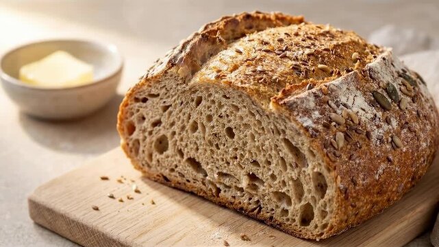A rustic loaf of bread is artfully sliced to reveal its airy texture and is accompanied by a dish of creamy butter, a testament to culinary craftsmanship and simple pleasure.