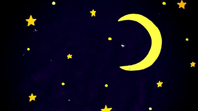Animated hand drawn midnight blue night sky with yellow stars and moon. Cartoon sketch style with vintage noise.