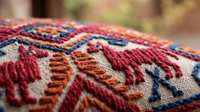Intricate textile craftsmanship showcases vibrant colors and captivating patterns in a close-up photograph, illustrating the detailed work on a textile.