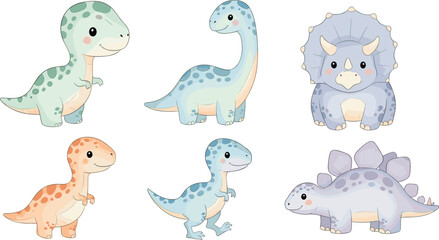 Cute Cartoon Dinosaur Character Set with Triceratops, Stegosaurus, Brachiosaurus, and Baby Prehistoric Animals for Kids Nursery Design and Children Book Illustration. © MstSuborna