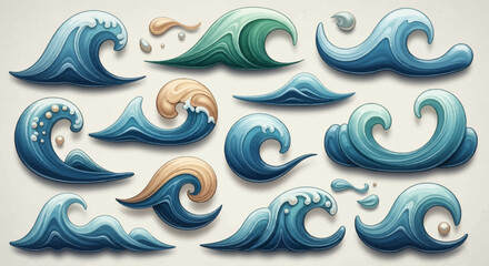 Collection of Stylized Ocean Waves in Various Blue and Teal Hues