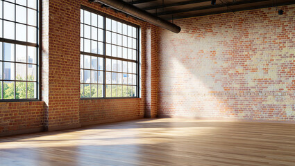 Loft apartment with exposed brick, large windows, and city skyline view