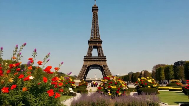 Eiffel tower and floral garden in paris france sunny day at champ de mars in summer