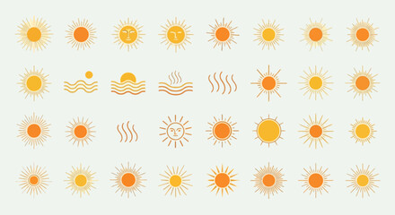 Sun Icons Set: Summer Weather, Heat, and Sunshine Vector Illustrations