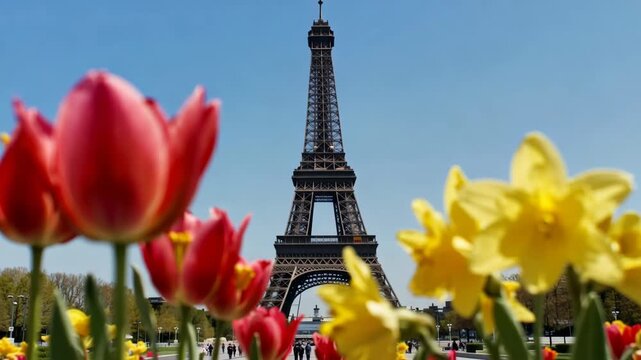 Eiffel tower in paris france during spring with red tulips and yellow daffodils in foreground