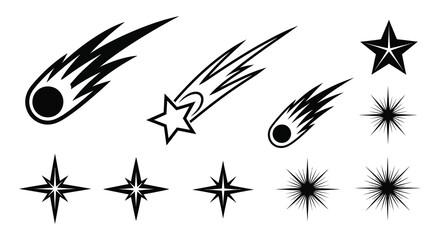 A collection of black shooting stars and starbursts depicted as bold graphic shapes a striking silhouette high quality professional detailed modern elegant © CreativeAlim02