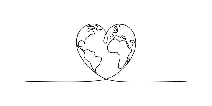 Continuous line drawing of a heart shaped world map representing global love and unity Vector, illustration