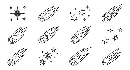 A collection of celestial bodies including comets and stars depicted in a minimalist black line art silhouette high quality professional detailed © CreativeAlim02