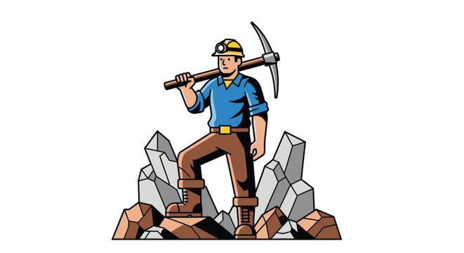 A vintage illustration depicts a determined gold miner standing atop rocks holding a pickaxe silhouette high quality professional detailed modern elegant